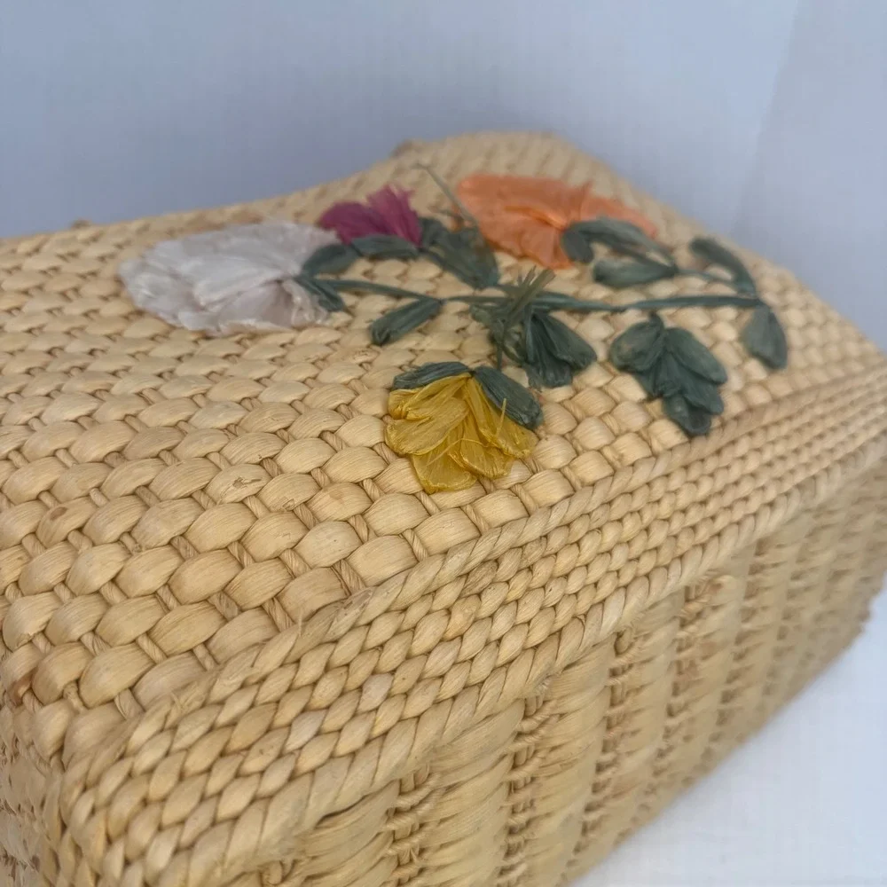 Vintage Woven Straw Tote Bag Raffia Floral Embroidery Boho Basket Beach Bag Tan - Picture 4 of 14